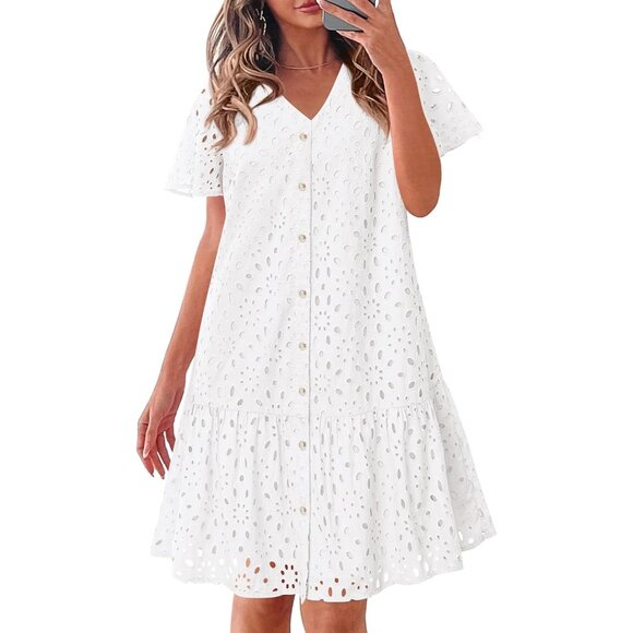 a line eyelet dress PRETTYGARDEN Womens Square Neck Maxi Dresses Cap Sleeve Eyelet Smocked